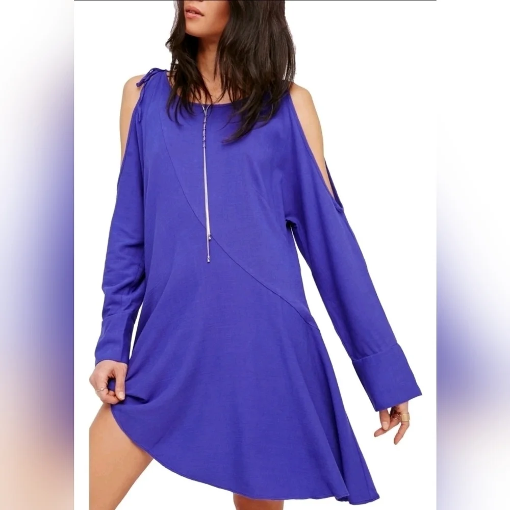 Free People Vibrant Purple Asimetric Long Sleeve Dress Sz L GENTLE USED